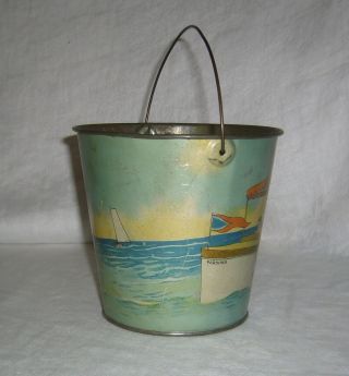 ANTIQUE RARE T.  BROS SIGNED TIN LITHO CHILDS SAND PAIL SAILING PARSONS BOAT 4