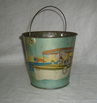 ANTIQUE RARE T.  BROS SIGNED TIN LITHO CHILDS SAND PAIL SAILING PARSONS BOAT 5