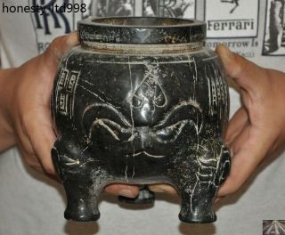 China Dynasty Old Jade Stone Hand Carved Beast Text Tripod Incense Burner Censer