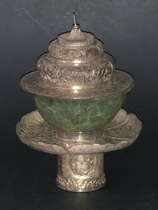 Fine Chinese Tibetan Solid Silver Embossed Carved Green Jade Cup Bowl Stand