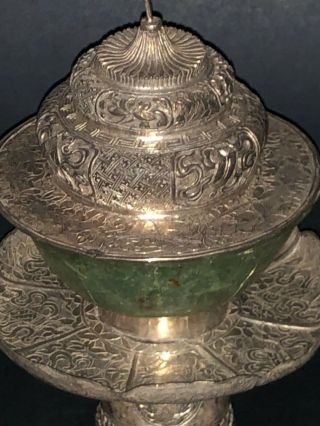 FINE CHINESE TIBETAN SOLID SILVER EMBOSSED CARVED GREEN JADE CUP BOWL STAND 2