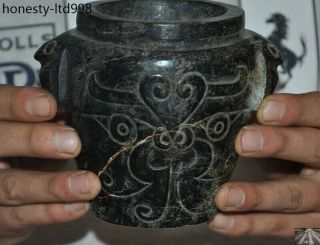 China Natural Old Jade Stone Hand Carved Beast Head Animal Pattern Tank Jar Pot