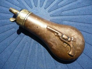 Interesting 19th Century Powder Flask With Embossed Revolver By G & Jw.  Hawksley