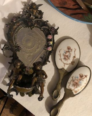 Antique Baroque Cherub Dresser Mirror Porcelain Flowers Extra Gift Set 16” Tall