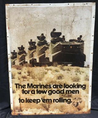 Vintage Vietnam Era 1974 Marine Corps Recruitment Double Sided Large Metal Sign
