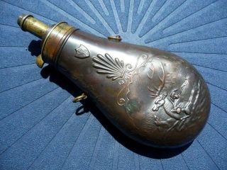 Rare Antique French Powder Flask " Swimming Elk & Dogs " Marked By The Maker