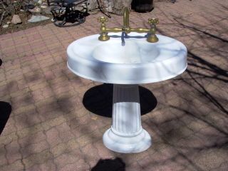 Antique Pedestal Sink Cast Iron With Brass Fixtures / Facets And Accents White
