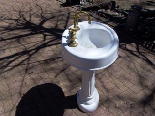 Antique Pedestal Sink Cast Iron with Brass Fixtures / facets and accents White 2