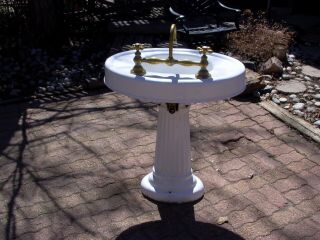 Antique Pedestal Sink Cast Iron with Brass Fixtures / facets and accents White 3
