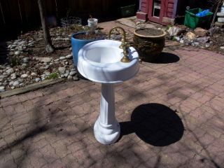 Antique Pedestal Sink Cast Iron with Brass Fixtures / facets and accents White 4
