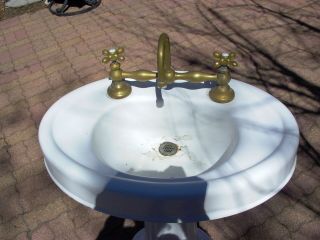 Antique Pedestal Sink Cast Iron with Brass Fixtures / facets and accents White 5
