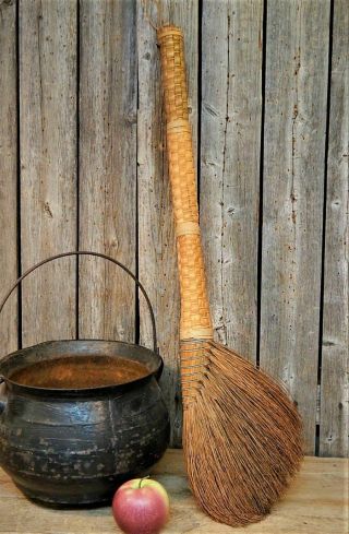 Antique Primitive Hearth Witch Broom Wooden Weaved Handle