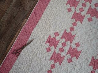 Humility Block Vintage COTTAGE c1920 Lovely ROSE Pink & White QUILT 77x65 11
