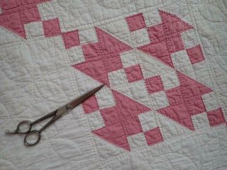 Humility Block Vintage COTTAGE c1920 Lovely ROSE Pink & White QUILT 77x65 12