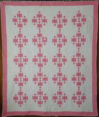Humility Block Vintage Cottage C1920 Lovely Rose Pink & White Quilt 77x65