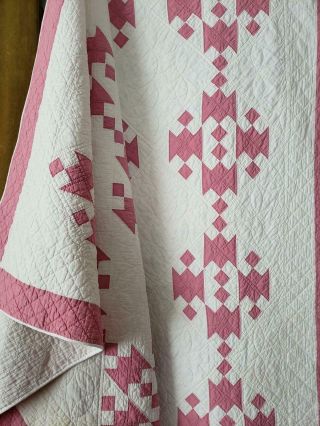 Humility Block Vintage COTTAGE c1920 Lovely ROSE Pink & White QUILT 77x65 2