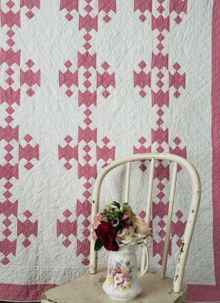 Humility Block Vintage COTTAGE c1920 Lovely ROSE Pink & White QUILT 77x65 3