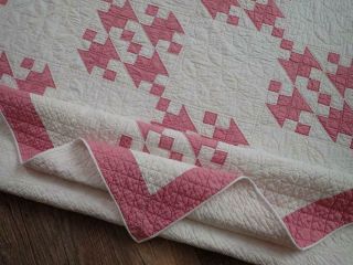 Humility Block Vintage COTTAGE c1920 Lovely ROSE Pink & White QUILT 77x65 4