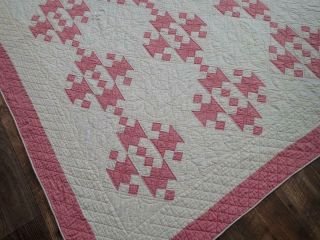 Humility Block Vintage COTTAGE c1920 Lovely ROSE Pink & White QUILT 77x65 6