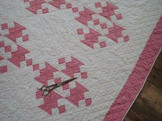 Humility Block Vintage COTTAGE c1920 Lovely ROSE Pink & White QUILT 77x65 8