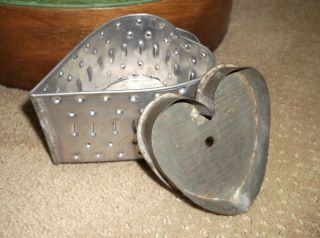 Heart Pierced & Punched Tin Cheese Mold Strainer Antique Footed & Cookie Cutter