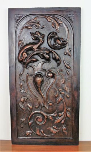 Decorative Antique Hand Carved French Wooden Dragon Griffin Panel High Relief