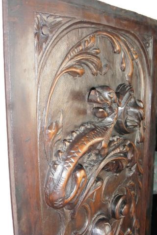 Decorative Antique Hand Carved French Wooden Dragon Griffin Panel High Relief 5