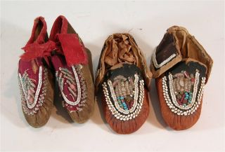 2 1890s Native American Iroquois Indian Beaded Hide Childrens Moccasins