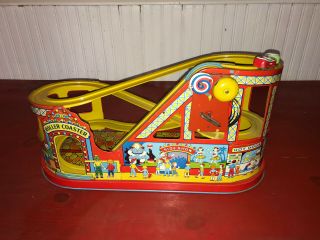 Vintage J.  Chein Tin Wind Up Roller Coaster W/2 Cars