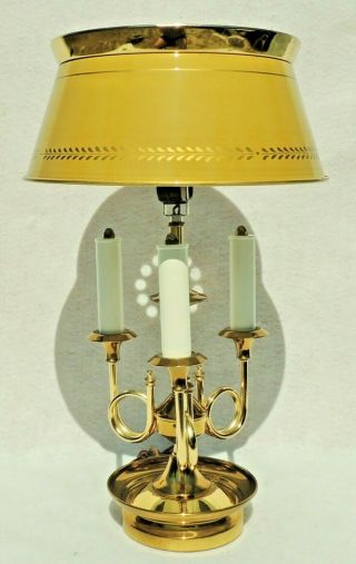 Antique/vtg Solid Brass French Horn Metal Tole Shade Bouillotte Desk Table Lamp