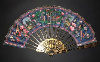 Chinese Gold Lacquer View Landscape 100 Faces Figural Court Scene Telescopic Fan