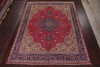 Vintage Persian Area Rug RED Geometric Hand - Knotted Oriental Wool Carpet 10x13 2