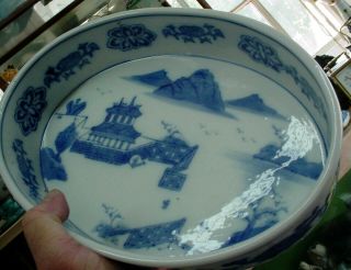 RARE ANTIQUE CHINESE EXPORT BLUE & WHITE CANTON DEEP DISH SERVING PLATTER N/R 6