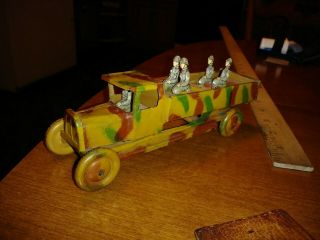 Wwi Tin German Troop Transport Truck Penny Toy 7 " W/ Tin Lithograph Soldiers,  Dr