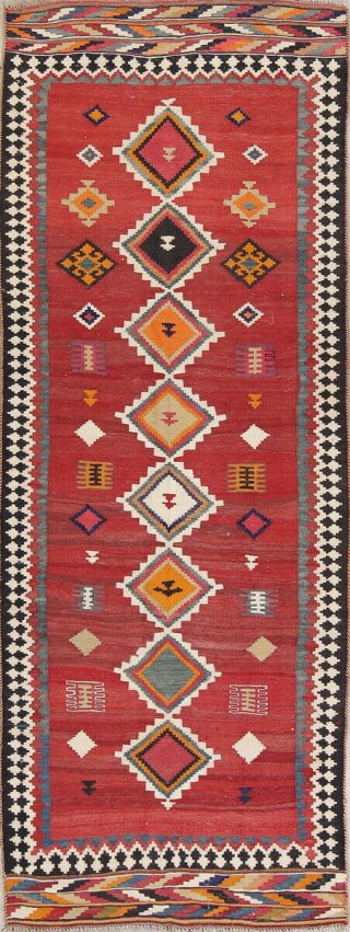 Fine Vegetable Dye Semi Antique Tribal 4x10 Wool Handmade Kilim Qashqai Rug Red