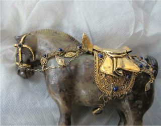 Antique Chinese Tang Dynasty Jade Horse Sterling Silver Saddle Sapphires Export 10