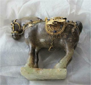 Antique Chinese Tang Dynasty Jade Horse Sterling Silver Saddle Sapphires Export 8