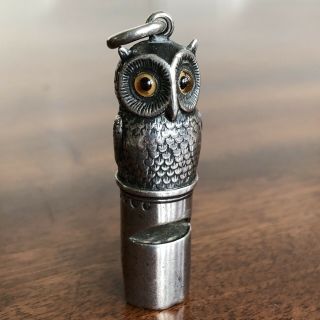 A Rare Sampson Mordan Silver Whistle,  Owl With Glass Eyes,  London 1887.  5.  5cm. 5