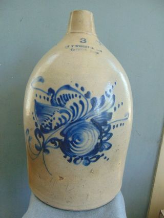 Large 3 Gal.  Stoneware Jug W Large Cobalt Floral Decoration - F.  T.  Wright & Son