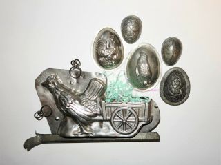 Antique Vintage Chocolate Molds Chicken Rooster Prim Folk Rustic Country Farm