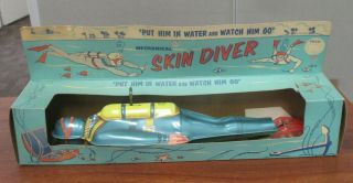 Vintage J.  Chein Mechanical Wind Up Tin Litho Skin Diver W/orig Box No.  122 U.  S.  A