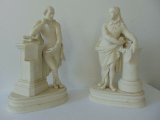 Two Large Antique Parian Statues - W.  Shakespeare & J.  Milton - Bisque Porcelain