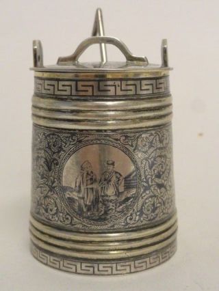 Antique Russian Silver 84 Niello Enamel Mustard Pot With Spoon,  Circa 1868