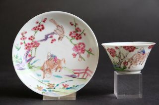 Rare Antique Chinese Export Famille Rose Cup & Saucer,  18thc Bird Boy On Buffalo