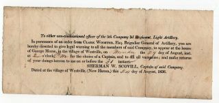 1836 Notice To 5th Co,  3rd Regiment,  Light Artillery Connecticut