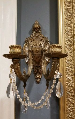Vintage Antique Brass / Cast Metal Double Candle Wall Sconces W Crystal