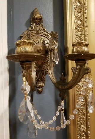 Vintage Antique Brass / Cast Metal Double Candle Wall Sconces w Crystal 2