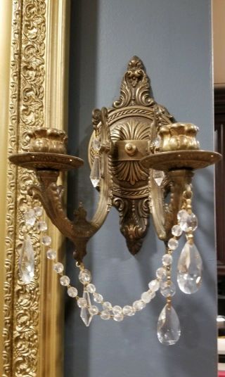 Vintage Antique Brass / Cast Metal Double Candle Wall Sconces w Crystal 6