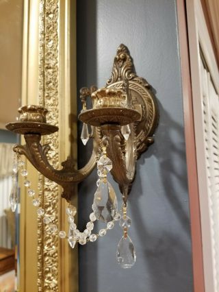 Vintage Antique Brass / Cast Metal Double Candle Wall Sconces w Crystal 7
