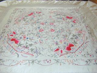 Antique Chinese Embroidered Cream Silk Shawl - Butterflies/Baskets of Flowers 2